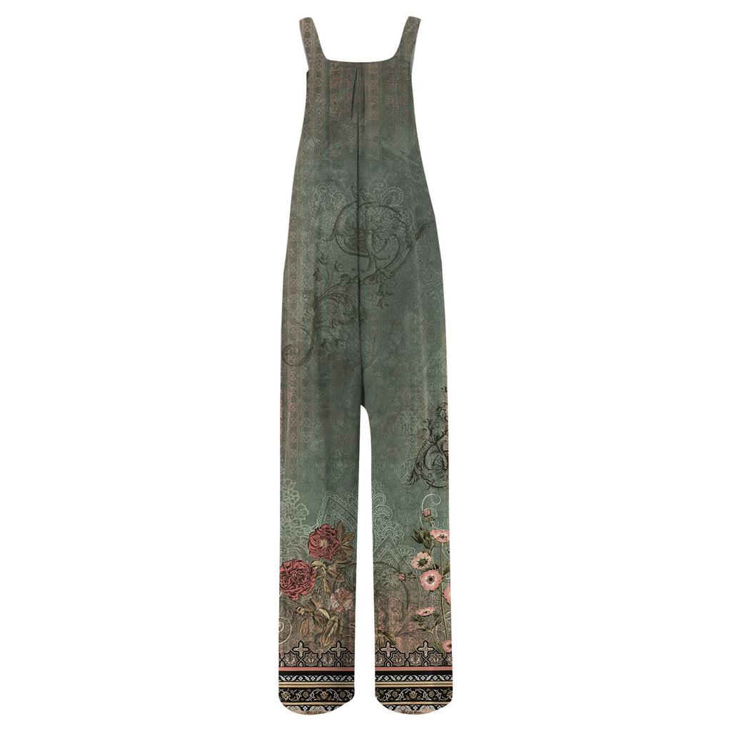 Women's Fashion Casual Loose With Pockets  Sleeveless Printed Jumpsuit