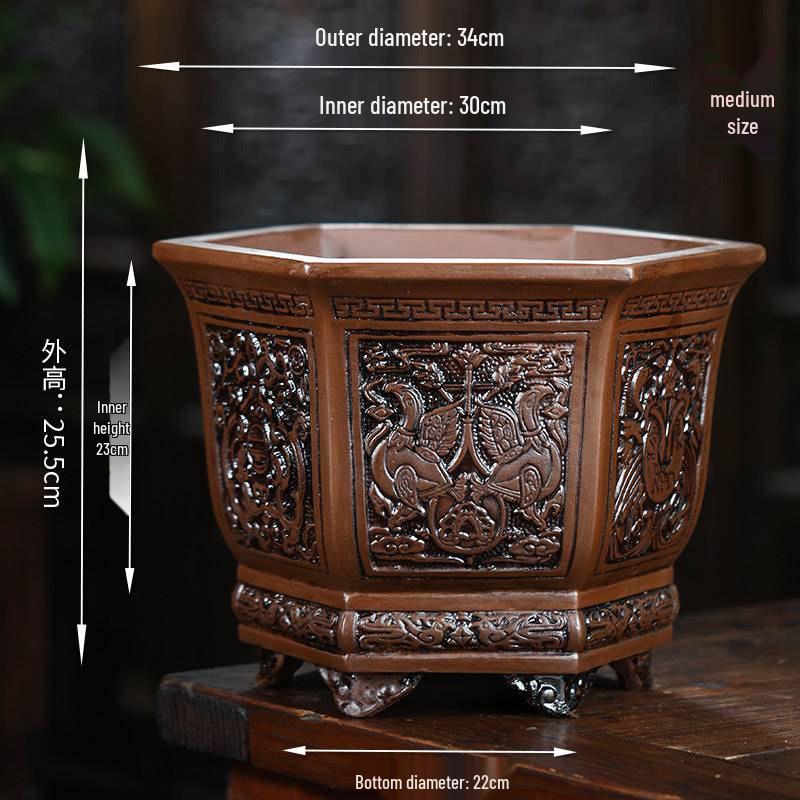 Очень большой антикварный стиль Цзыша Горшок для бонсай «Цветок сливы» - Круглый керамический горшок для железного дерева или посадки овощей Extra Large - Zisha