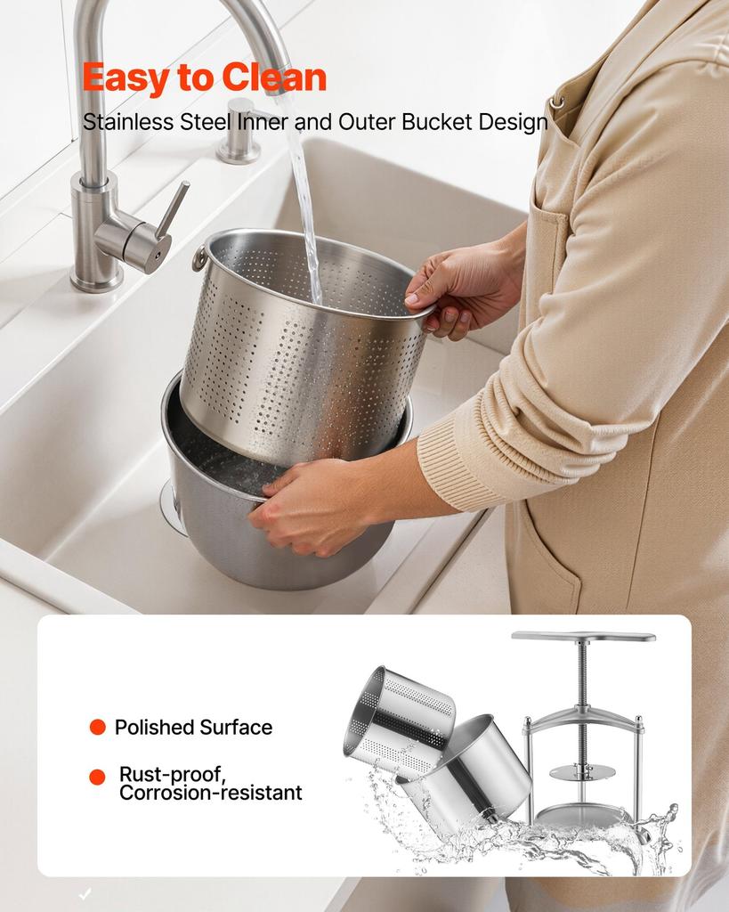 Fruit Wine Press, 1.6 Gallon/6L, Stainless Steel Manual Juice Maker with Powerful T-Shaped Handle, Juice Making for Apple/Grape/Orange/Berry,