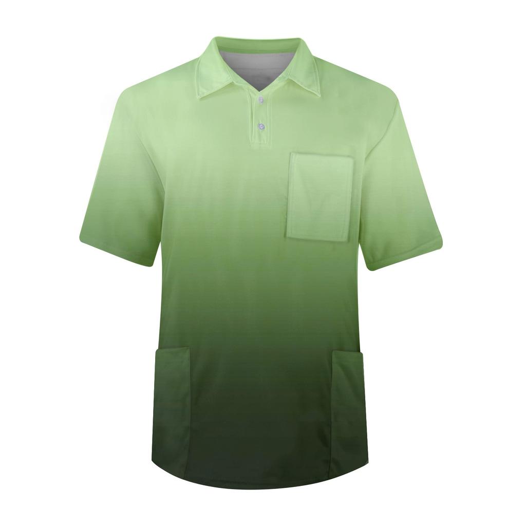 Men's Short Sleeve Button Lapel Gradient Printing Chest Pocket Dry-nurse Top