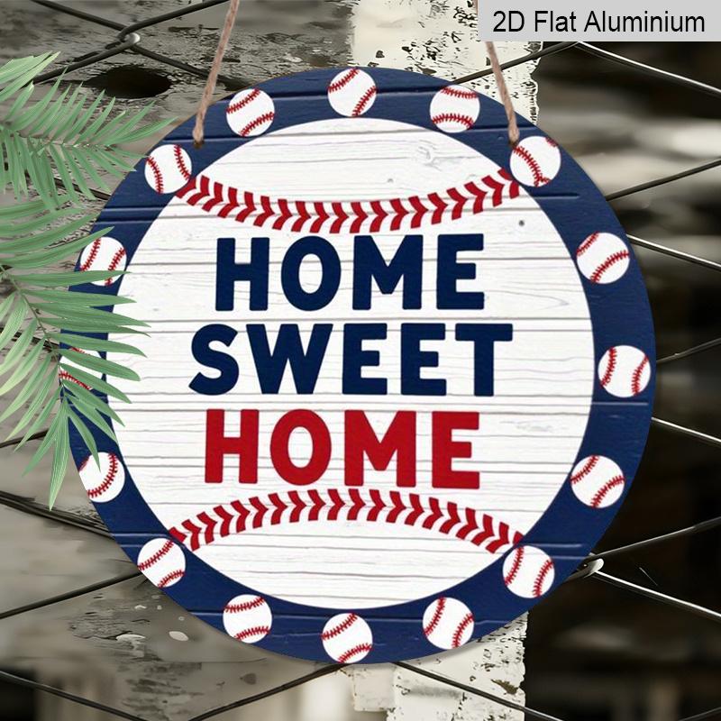 2D Flat 1pc, 8x8 in, Sweet Home Round Aluminum Metal Sign - Vibrant Baseball & Greenery Design, Rustic Blue & White Wall Art for Living Room