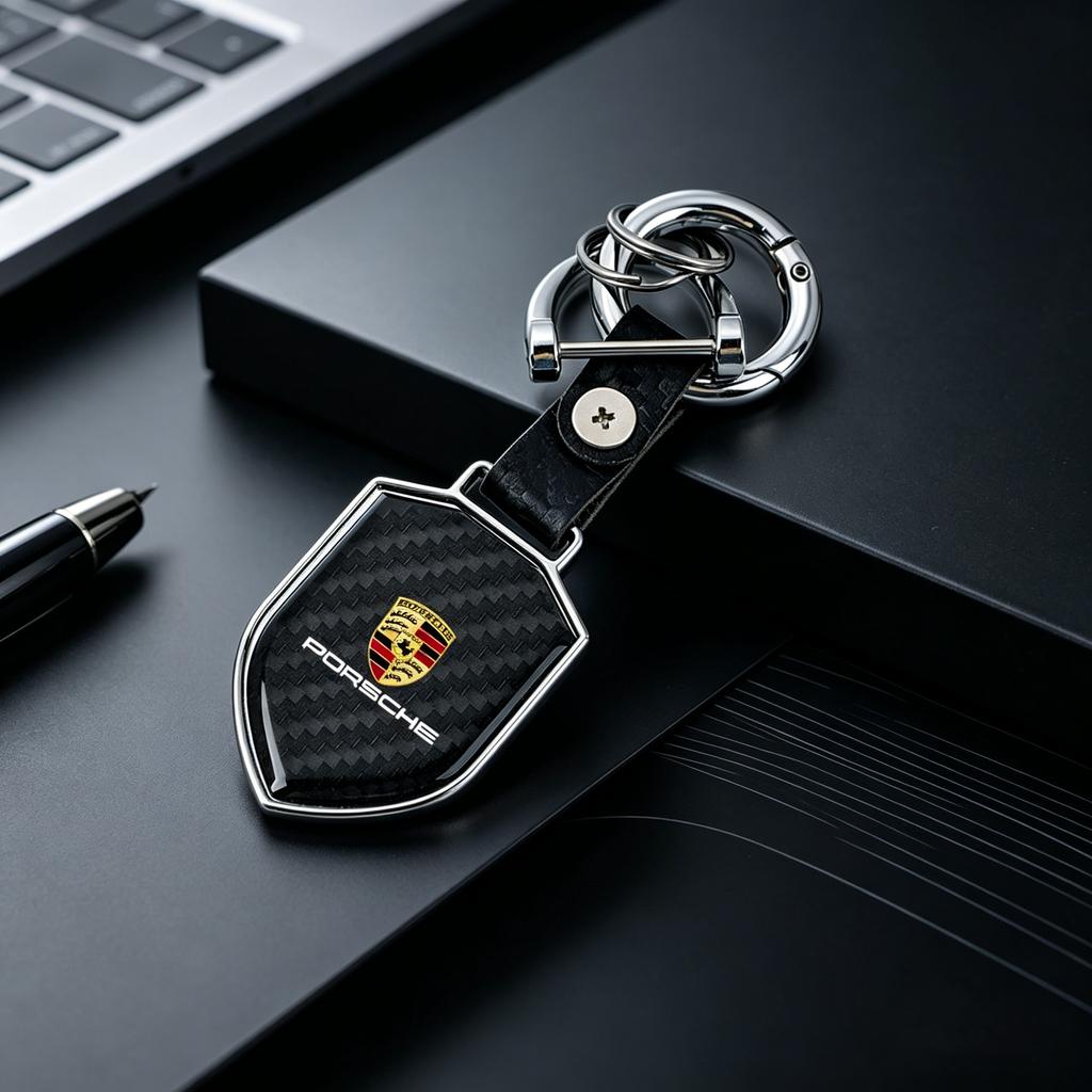 BMGB9 Carbon Fiber Matel Car Keychain Keyring Key Chain Pendant For Porsche Cayenne Panamera Macan Boxster Cayman 718 911 Sticker
