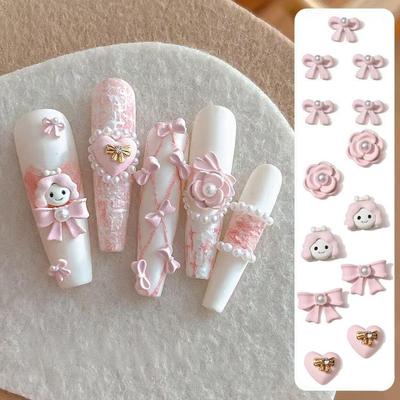 Cartoon Rose Pink Pearl Heart Bow Nail Accessories with Rhinestones