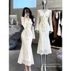 French waist slim flared sleeve hip wrap fishtail skirt long dress women's gentle wind collar lace temperament dress