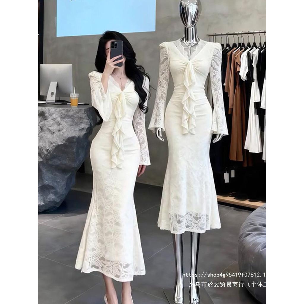 French waist slim flared sleeve hip wrap fishtail skirt long dress women's gentle wind collar lace temperament dress