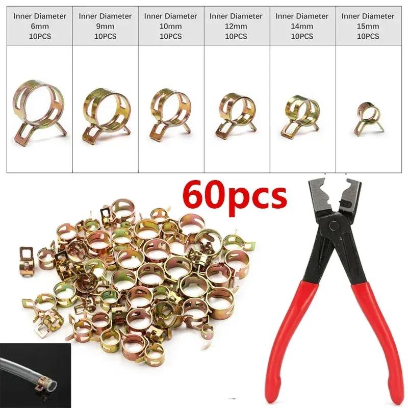 60pcs Spring Hose Clamp Set Low Pressure Air Clips for 6-15mm Pipe Durable Band Clamps with Plier for Easy Installation