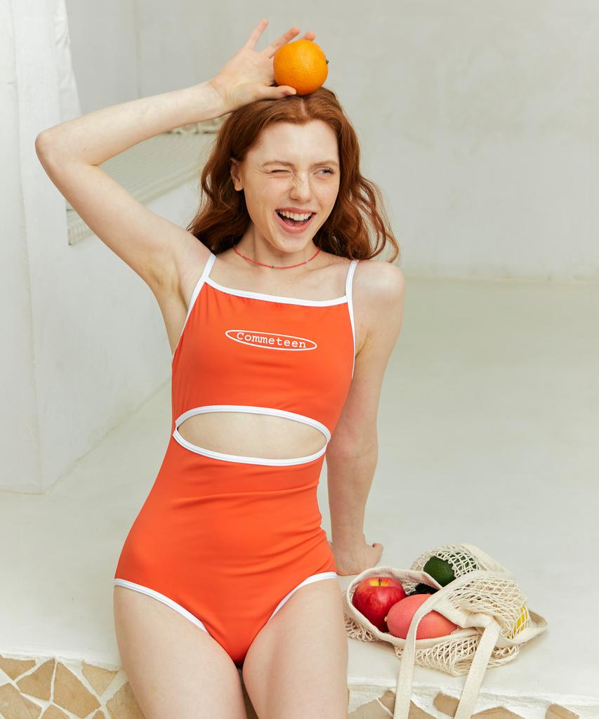 Kkommeutin Logo Color Block Cutout Swimsuit Deep Orange