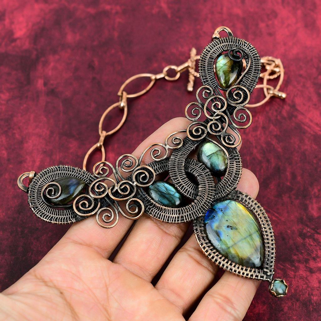 Labradorite Necklace Copper Wire Wrapped Necklace Adjustable Chain Necklace Copper Jewelry Handmade Real Gemstone Necklace Wire Wrap Jewelry