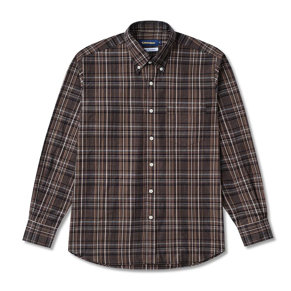 Edward Max Indian Madras Check Long Sleeve Shirt (Brown) L(100)