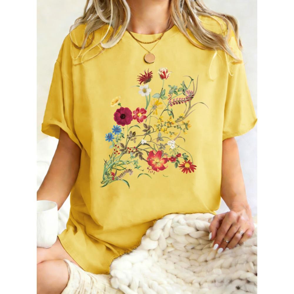Beautiful Flowers Born In The Sun Print Women T-Shirts O-Neck Y2K Short Sleeve Cotton Casual T Shirt Oversized Clothes