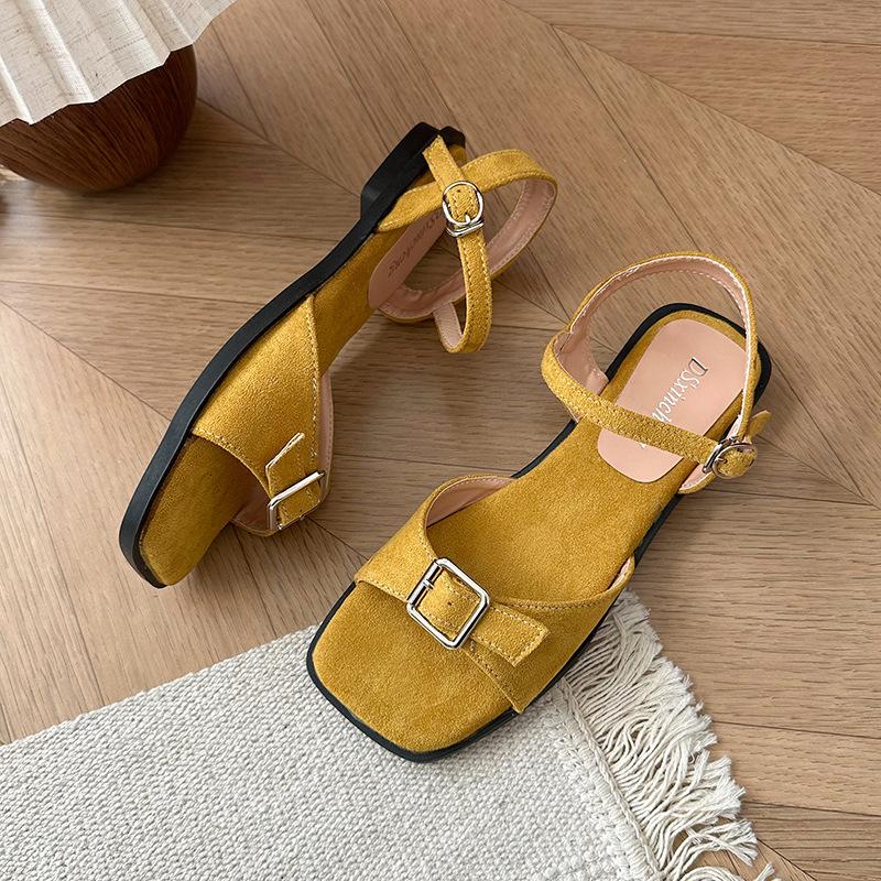 Summer slippers retro one-word belt buckle open-toed square head women's flat sandals low heels