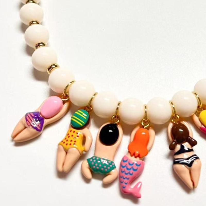 Creative Handmade Bead Bikini Doll Pendant Necklace With Colorful Glass Beads for Kids Beach Party Accessories