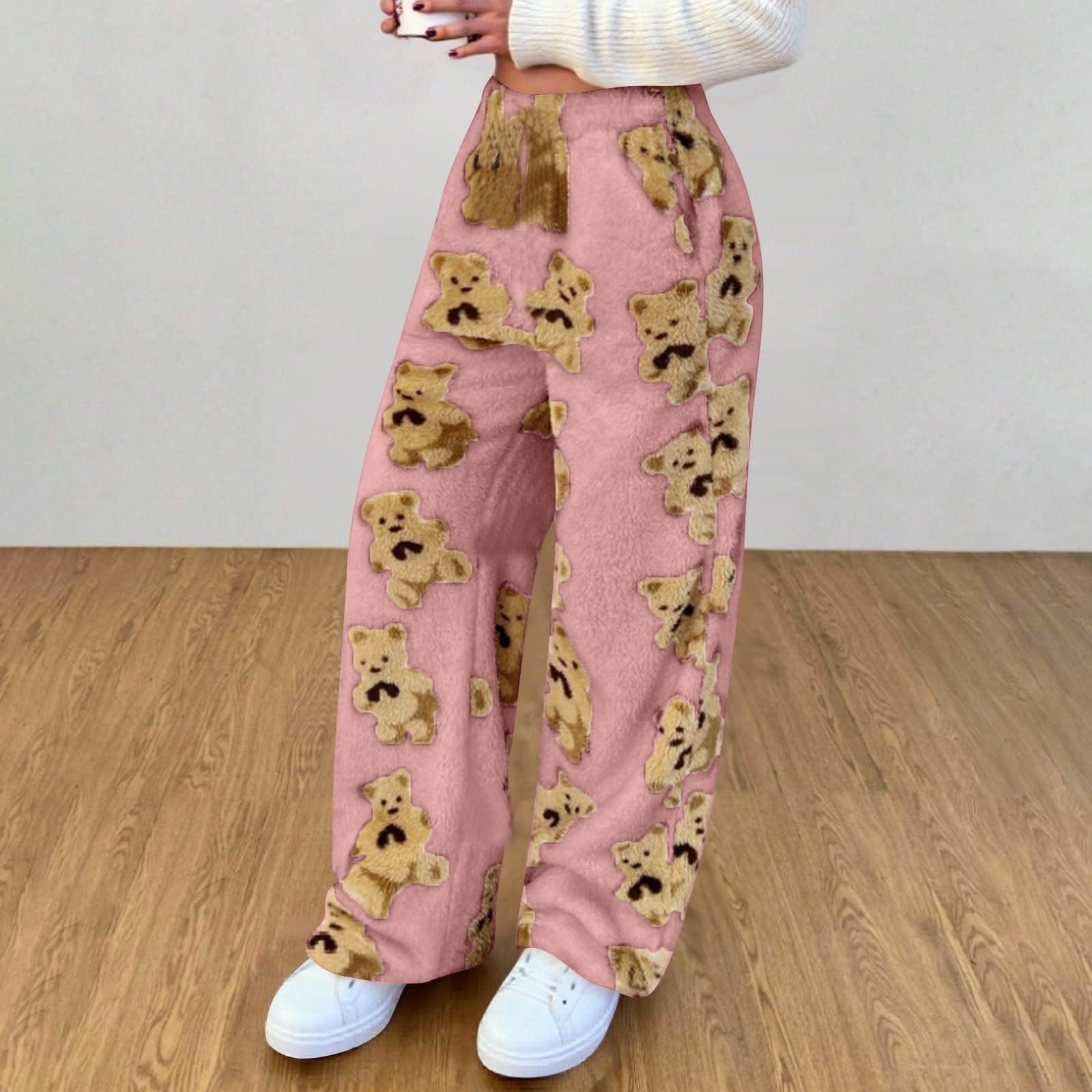 

Женские милые плюшевые пижамные брюки с принтом медведя с карманом, широкие плюшевые повседневные брюки S розовый