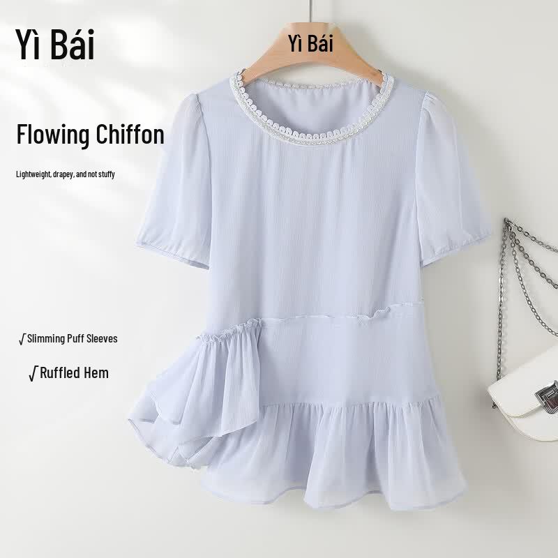 Women s Lace Round Neck Chiffon Blouse M