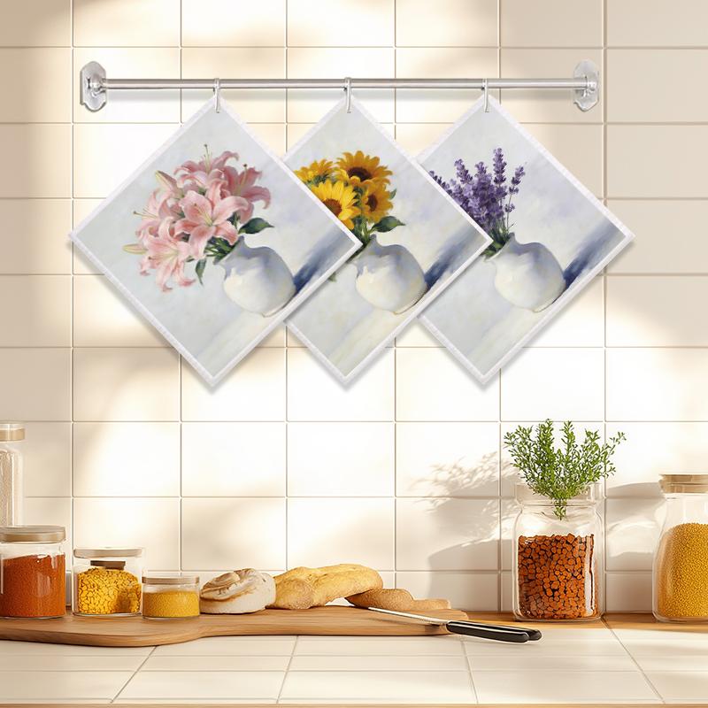 6PCS Cleaning Dishcloths Reusable Kitchen Dish Towels Absorbent Arrange Flower Pattern Dishcloth Lint Free Cloth Washable Duster Rags Tea Towels