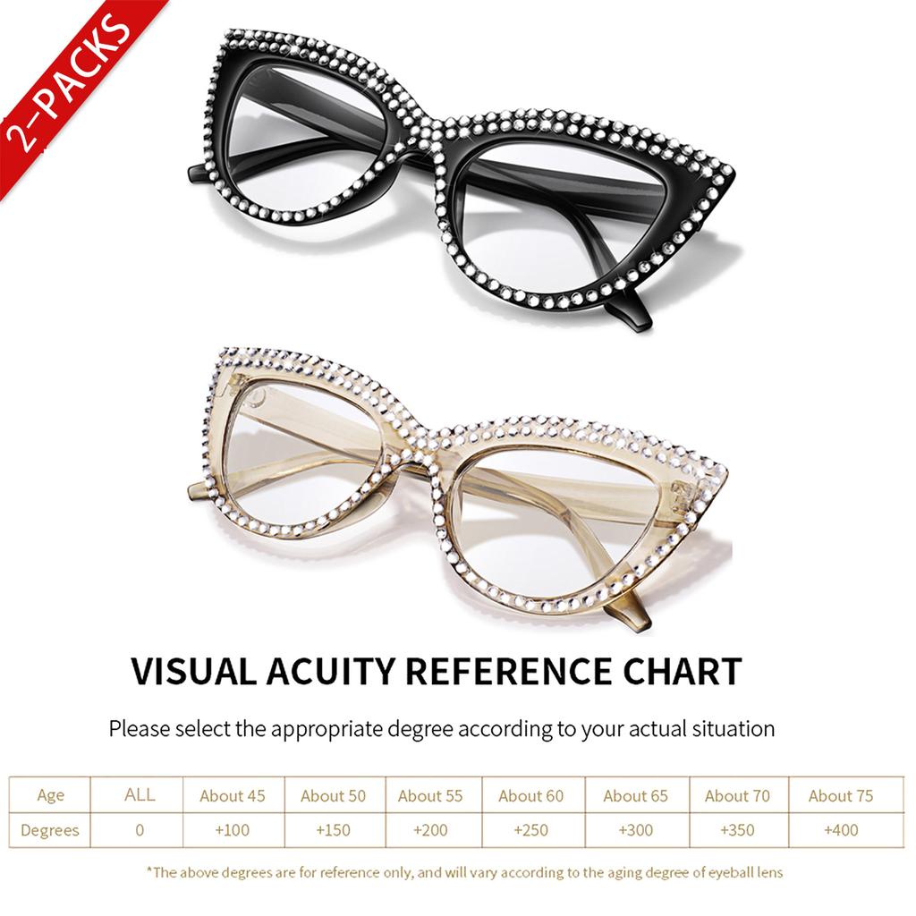 2 Pairs Trendy Reading Glasses for Women Cat Eye Limation Diamond Beautiful Decoration Eyewear Presbyopic Glasses +150 +200