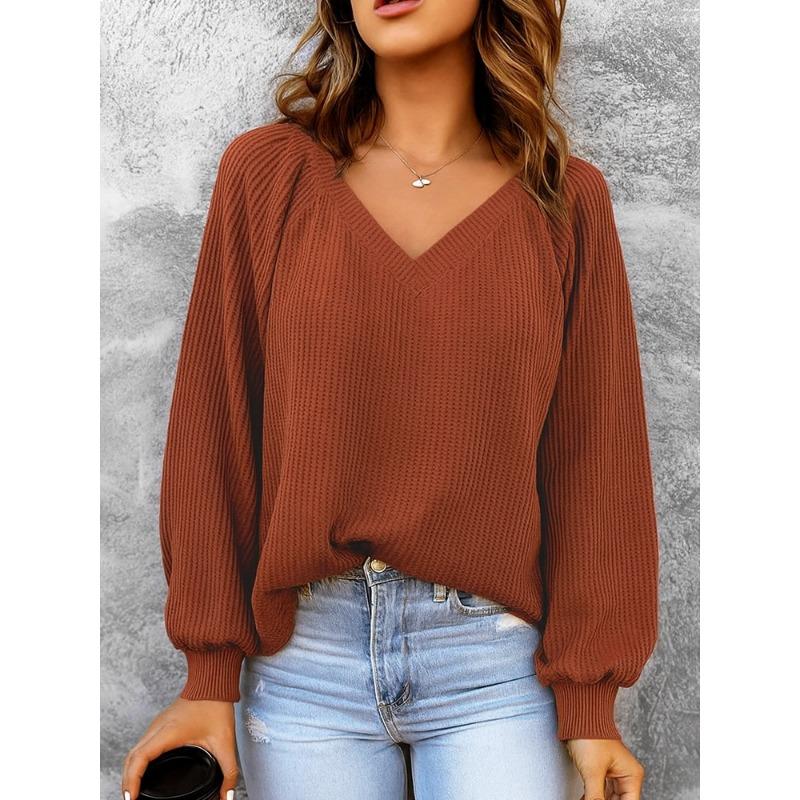 New Women's Casual V-neck Long-sleeved Pullover Loose Solid Color Multi-color Sweatshirt