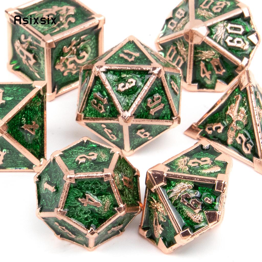 7 Pcs Green Golden Skull Metal Dice Solid Metal Polyhedral Dice Set Suitable for Role-Playing RPG Board Game Card Game