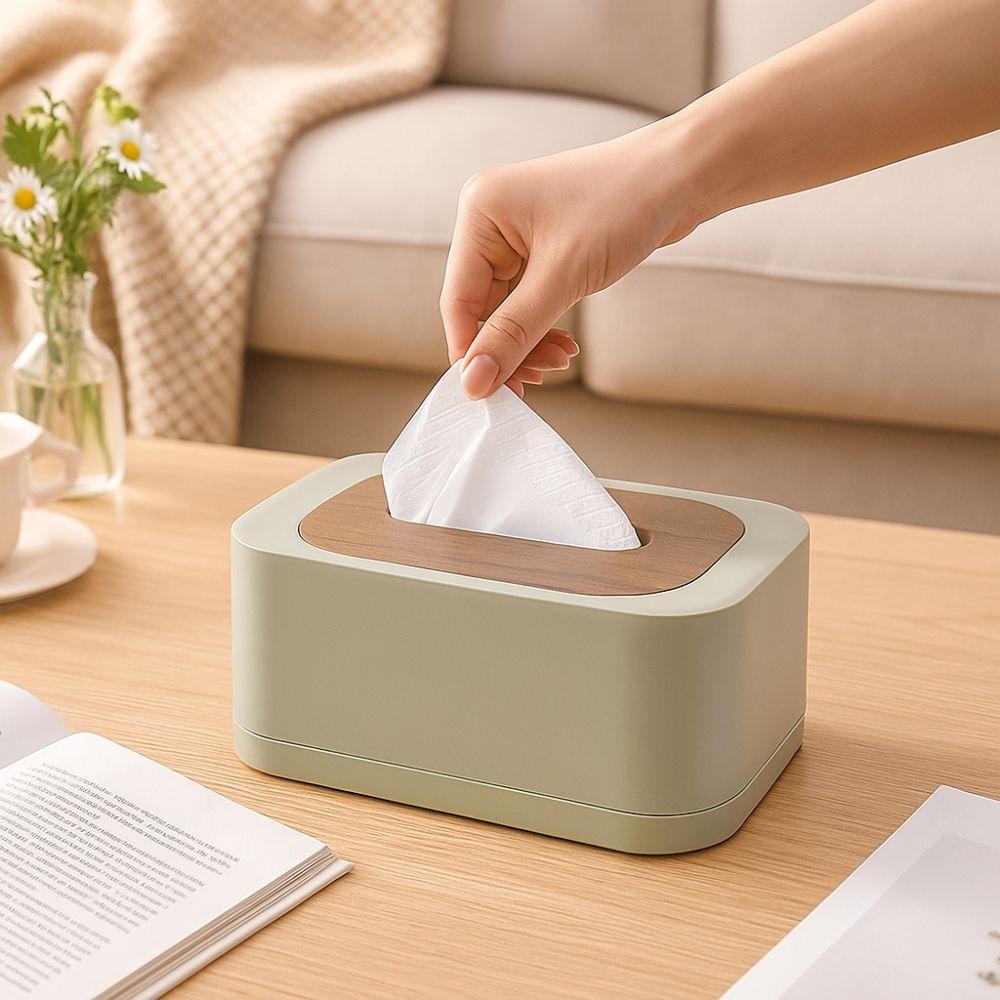 Wooden Cover Tissue Box Plastic Waterproof Napkin Holder Spring Mechanism Removable Tissue Dispenser Living Room