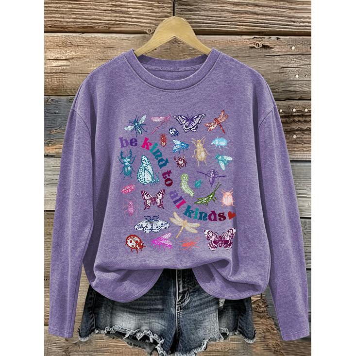 2026 New Women Autumn Winter Tops Letter And Insect Print Crew Neck Long Sleeve T Shirt Can Be Worn As Inner Layer