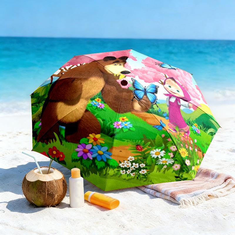 Cartoon Russian Animation Fairy Tale Masha and the Bear Cartoon Umbrella, a Must-have for Home and Outdoor Travel, Foldable Wrought Iron Umbrella W3
