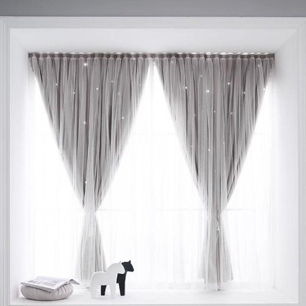 1 Pc Non-perforated Hollow Star Curtain Double Layer Self-Adhesive Bedrroom Curtain Washable Detachable Stars Blackout Curtains