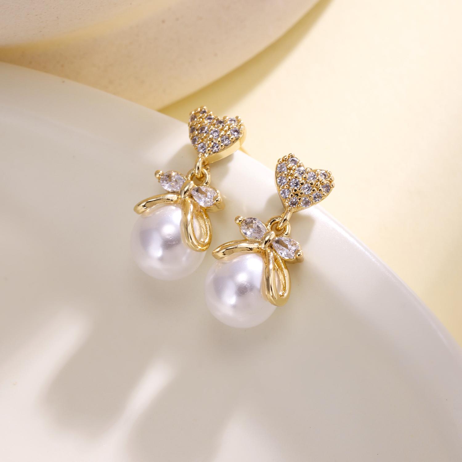 

Nidin Elegant Inlaid Pearl Bowknot Heart Drop Earrings With Cubic Zirconia For Women Fashion Ear Jewelry Daily Wear Wedding Gift