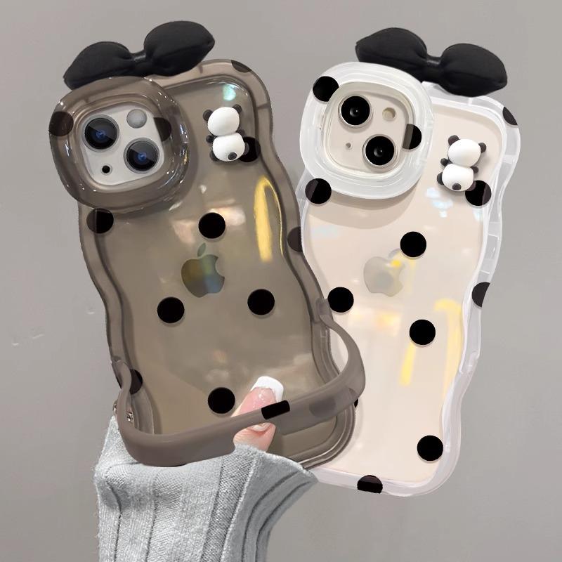 The Three-dimensional Panda Bow Is Suitable for IPhone 15, Phone Case 14PRO, Dual Stand 13, Cute and Shockproof 12, Wavy Edge X