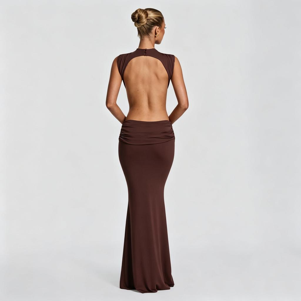 Women's new hollow pleated neck dress women's high-end sense halter waist sexy European and American style hip long