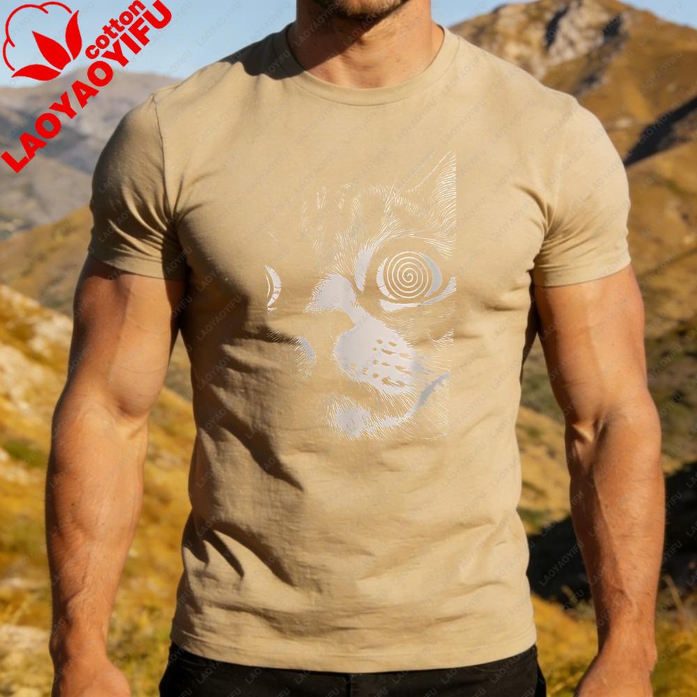 Hypno Cat Spiralaugen Grafik T-Shirt Herren Baumwolle Lustig Katzenliebhaber Kurzarm Tee Psychedelisch Meme Lässig Outdoor Tägliches Outfit