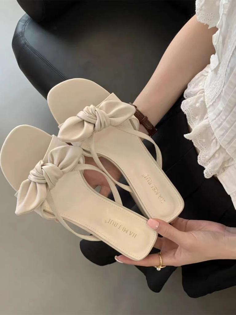 Middle Heel Peep Toe PU Butterfly-knot Shoes for Women 2024 New Modern Slippers Summer Outdoor New Women's Slippers