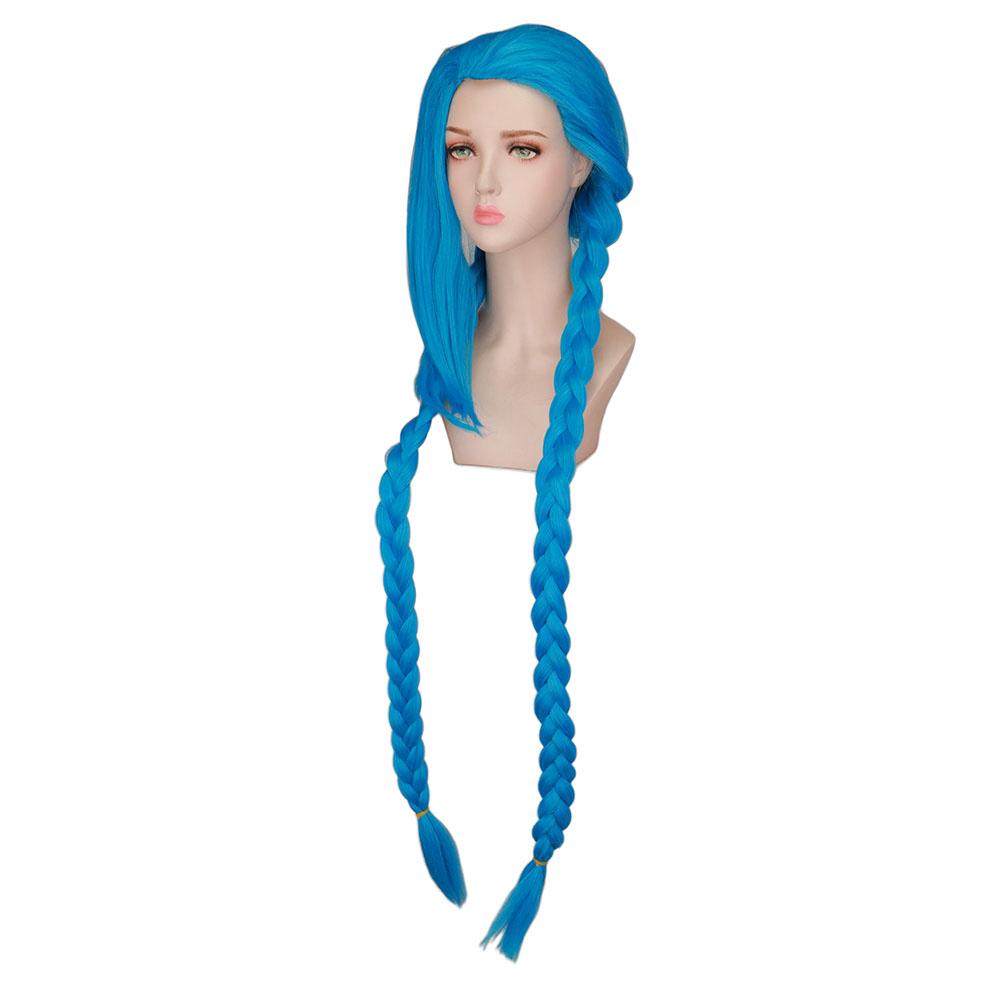 Professionelle 120 cm/46,8 Zoll LOL Jinx Cosplay-Perücke, Spiel, blau, lange blaue Zöpfe, hitzebeständige synthetische Perücken für Frauen und Mädchen, Cosplay-Party