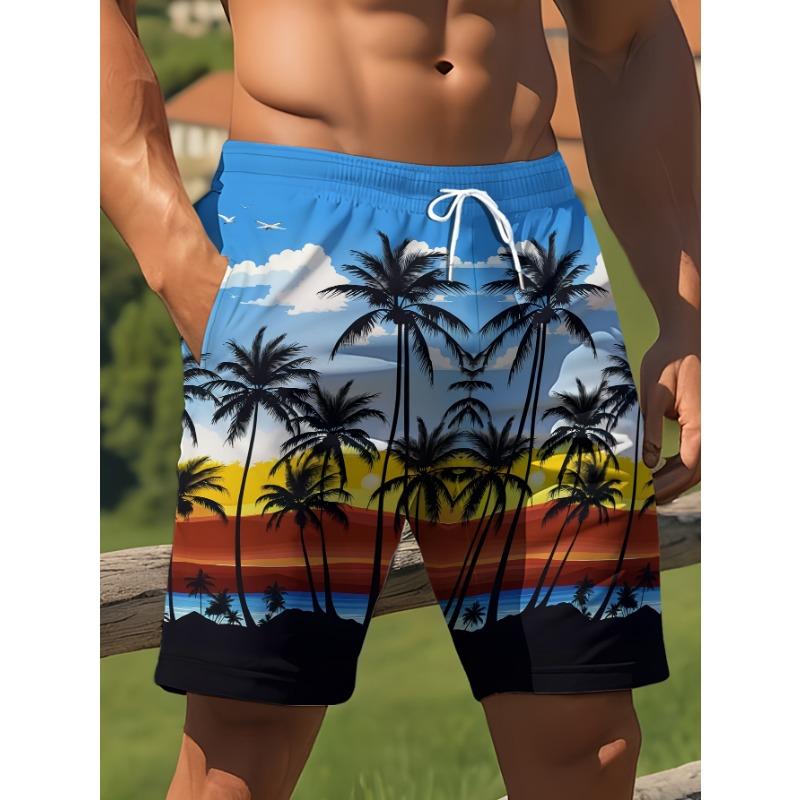Men s Tropical Palm Tree Print Beach Shorts - Drawstring Waist M