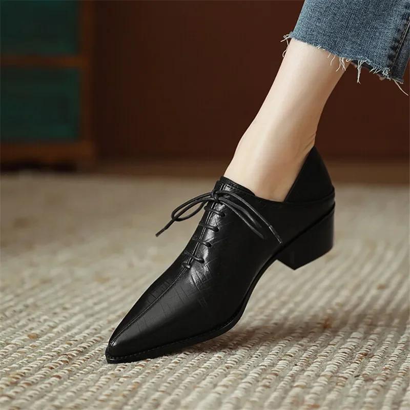 Móda 2024 Nová móda Dámské lodičky Špičaté letní boty Robustní podpatky Šněrovací mokasíny Boty pro ženy Ručně vyráběné Retro Dámské boty