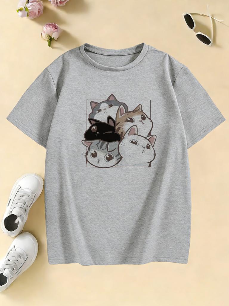 Y2K Cute Cat Graphic Kids Tshirts Summer Short Sleeve Tees Cartoon Animal Boys Girls Clothes Kawaii Kitten Tops Tshirt