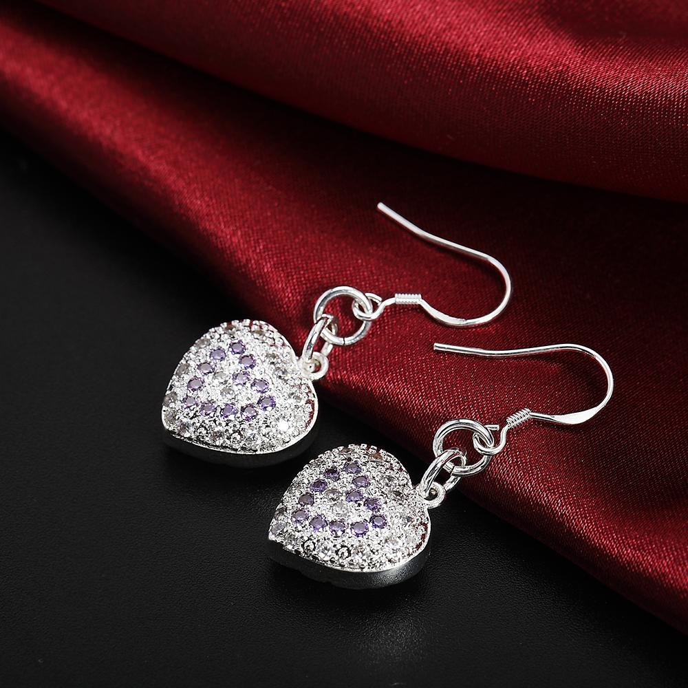 925 Sterling Silver Heart-shaped Purple AAA Zircon Piercing Earrings, Fashionable Wedding Jewelry