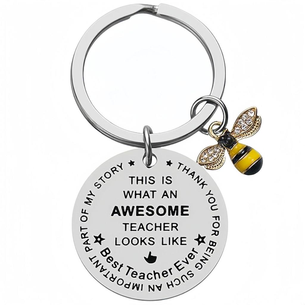 Stainless Steel Keychain with Engraved Bee Pendant - Perfect Teacher's Day or Graduation Thank You Gift
