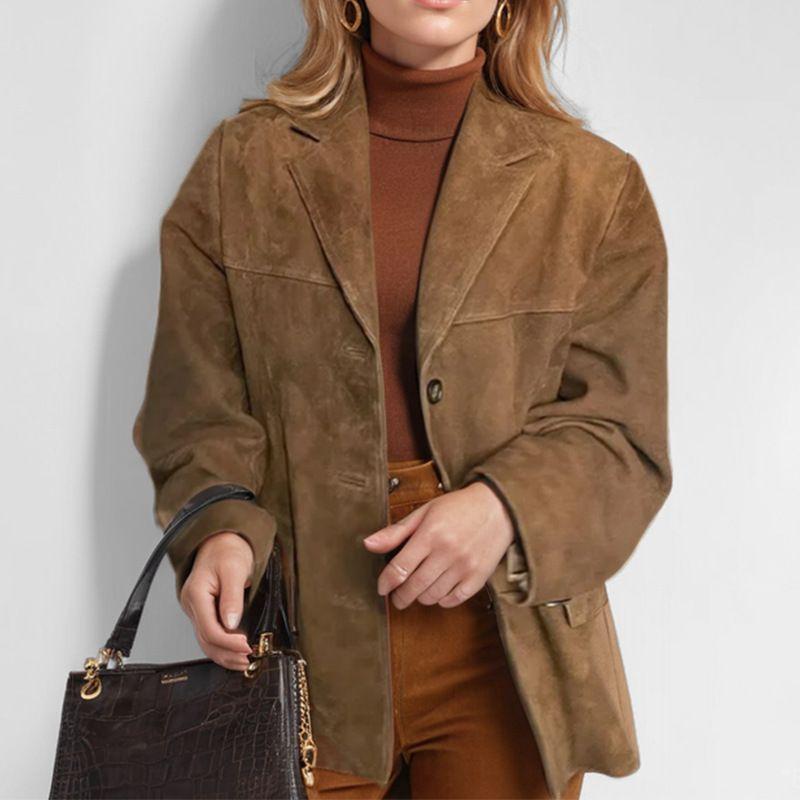 Retro Suit Jacket Autumn New European and American Women Retro Brown Loose Pocket Long Sleeve Blazers