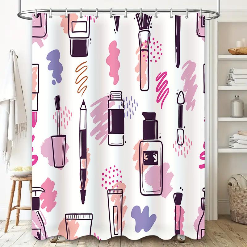 Vintage Style Decor Shower Curtain with Makeup Brush Design Waterproof Bath Room Decoration Home Accessories Pink Purple White C