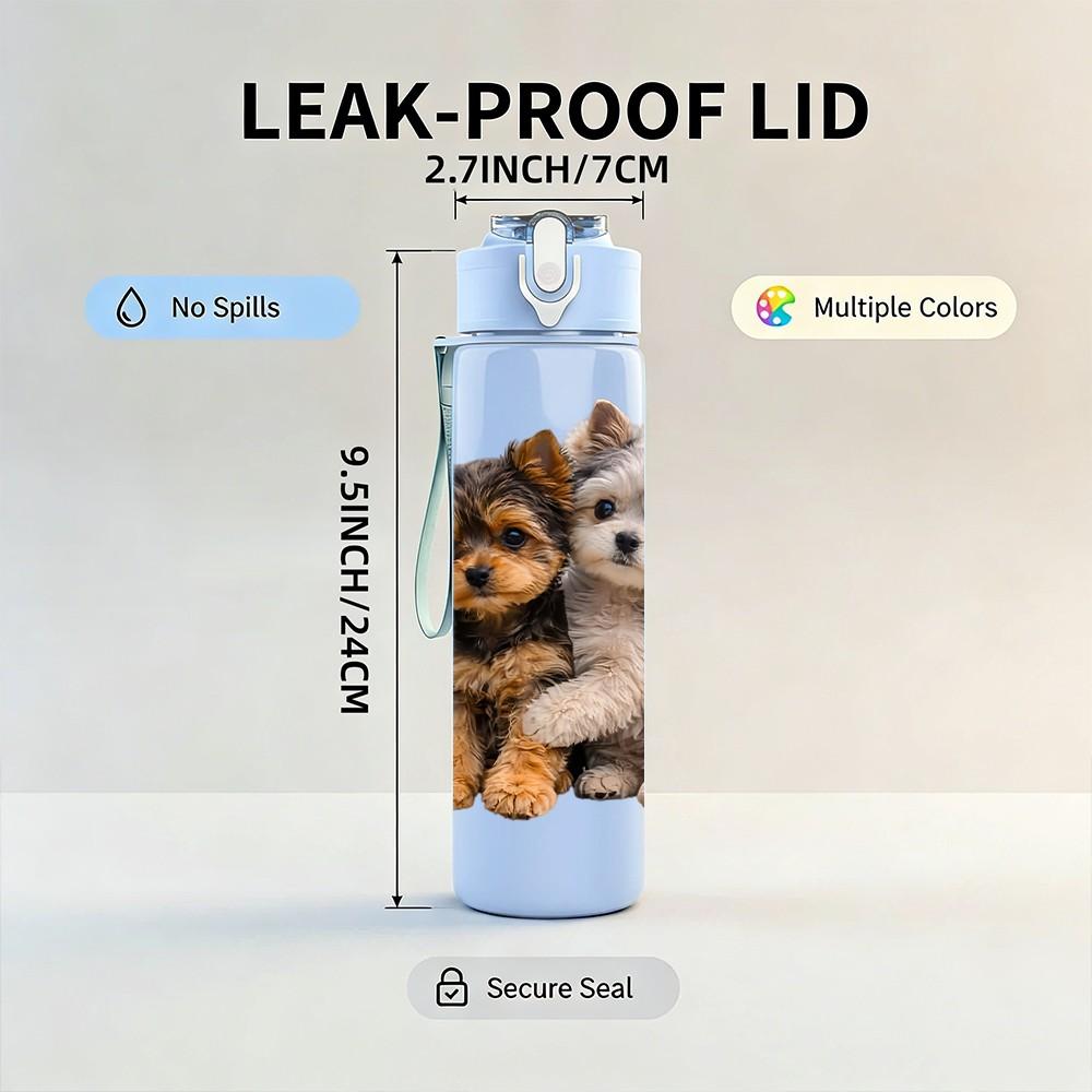 1PC Two Puppy Companion Print 750ml Color Plastic Sports Water Bottle Leakproof Flip Straw Lid Suitable for Sports Office Home Use