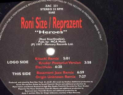 12palcový Vinyl RONI SIZE / REPRAZENT - Heroes ZAC231 Zac Records 1997 Itálie Dance & Elektronika Použitý
