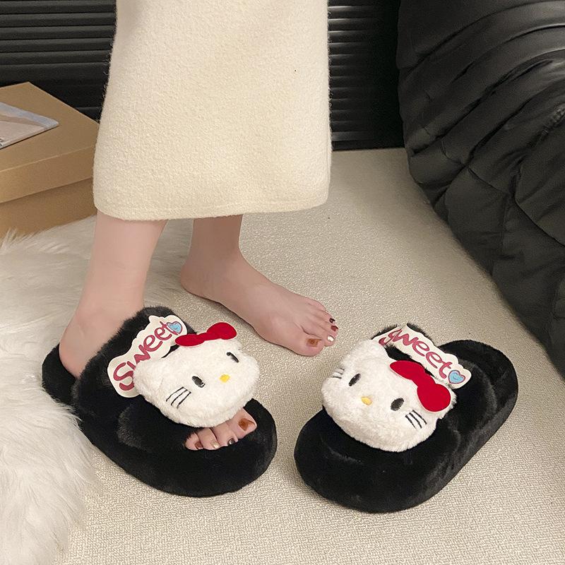 Apple green Kitty cat fluffy slippers girl autumn and winter lazy person wearing versatile thick-soled cotton slippers