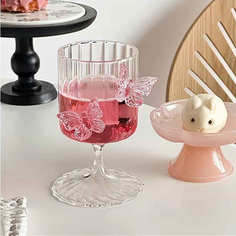 INS High Legged Glass Cup Decorative Glass Goblet with Butterfly Ornament Home