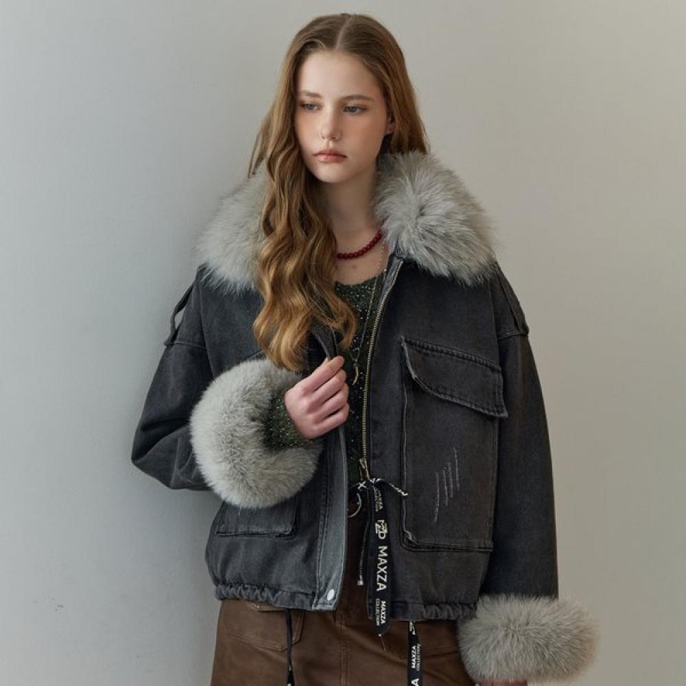 

Maxza Fox Fur Trimming Loose Fit Denim Jacket blacks/FREE