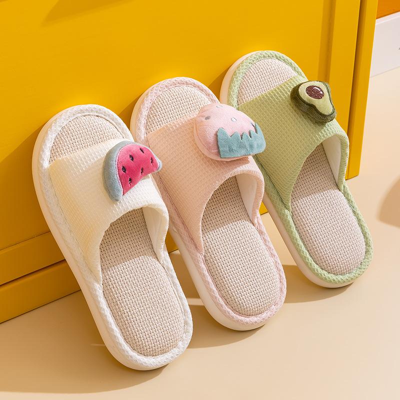 Elegant Hairy Slippers Fruit Linen Slippers Summer Home Indoor Sandals Slippers Simple Fabric Cotton Slippers Female Home Shoes Slippers Pink