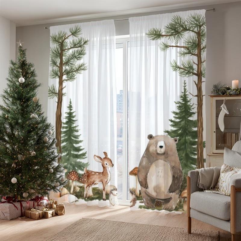 2PCS Digital Printed Sheer Curtain, Little Bear Deer Fawn, Woodland Cute Forest Animal for Living Room Bedroom Home Decor