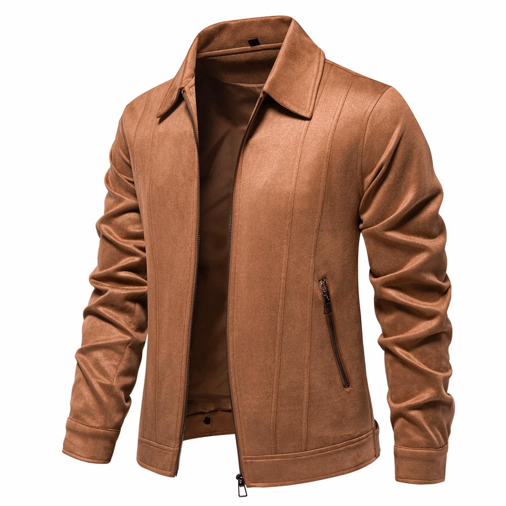 AIOPESON Mens Brown Suede Turn Down Collar Jacket Casual Business Faux Leather Trucker Jackets Coat for Men
