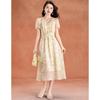 Elegant Champagne Floral Puff Sleeve A-Line Summer Dress