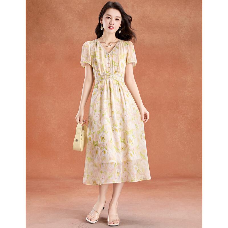 Elegant Champagne Floral Puff Sleeve A-Line Summer Dress