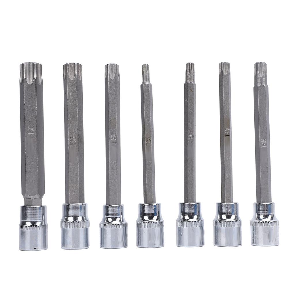 7 st 3/8 tums drivning extra lång stjärnbitshylssats T25 till T60 110 mm längd hög hårdhet för